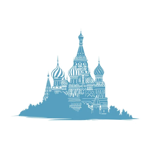 Ilustración dibujada a mano del estilo de boceto de la Catedral de San Basilio en Moscú, Rusia. Hitos rusos. Curch ortodoxo. Silueta de color mono en azul sobre fondo blanco . — Vector de stock