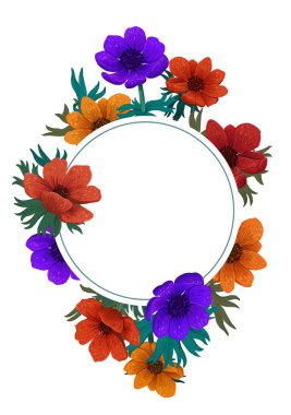 Kır çiçekleri daire kare. Renk kalem dijital illüstrasyon. Güzel Anemon ve kopya alanı karanlık Bankamatik yönelik dikey tasarım. davetiye, düğün veya tebrik kartları