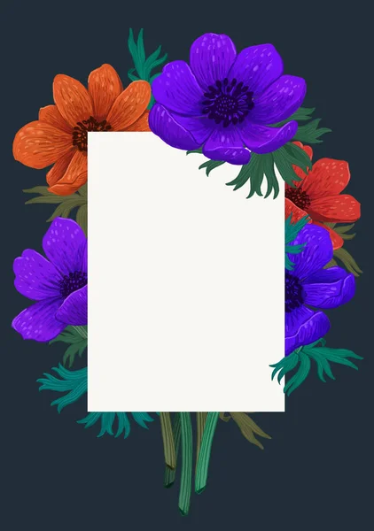 Magic flowers template. Beautiful wild bouquet design. Color pencil digital illustration. Vertical Design with beautiful anemones and copy space on dark background. invitation, wedding greeting cards