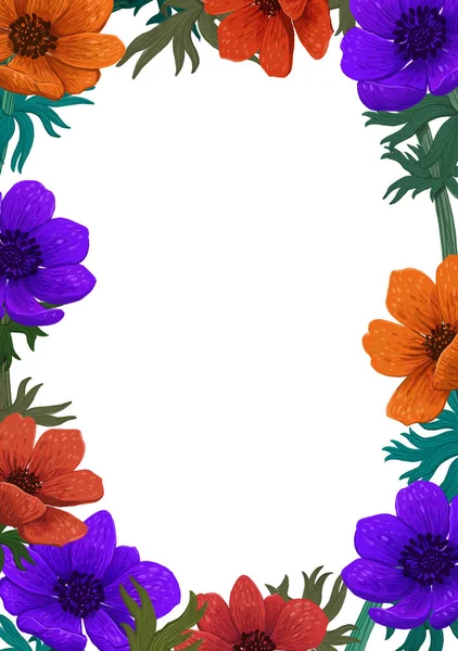 Sihirli çiçek şablon. Güzel vahşi bahçe tasarımı. Renk kalem dijital illüstrasyon. Dikey tasarım güzel Anemon ve beyaz arka plan üzerinde kopya alanı ile. davetiye, Düğün tebrik kartları.