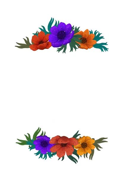 野生の花の枠のテンプレートです。色鉛筆のデジタル イラストです。白い背景の植物デザイン要素のコレクション。グリーティング カードや結婚式の招待状 — ストック写真