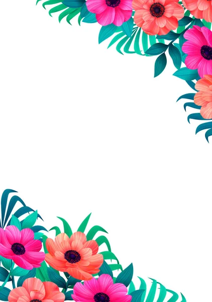 Floral frame, hoek ontwerp. Mooie wilde tuin. Kleur potlood digitale afbeelding. Verticale Design met mooie anemonen en kopie ruimte op witte achtergrond. Uitnodiging bruiloft wenskaarten. — Stockvector