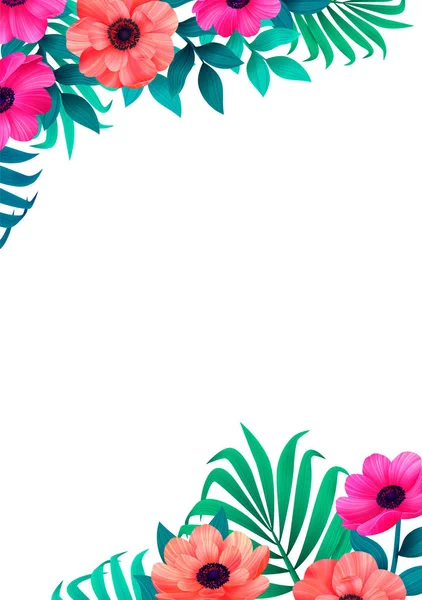 Marco floral, esquina de diseño tropical de moda. Diseño vertical con hermosas flores tropicales y espacio de copia sobre fondo blanco. invitación, tarjetas de felicitación de boda. Ilustración digital del vector — Vector de stock