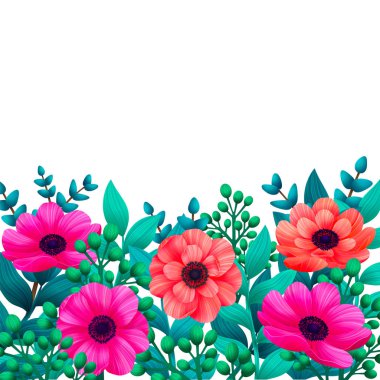 Çiçek şablon. Tropik çiçekler trendy yaz şablonu. Tasarım güzel çiçekler ve beyaz arka plan üzerinde kopya alanı ile palmiye yaprakları ile. Vektör dijital illüstrasyon