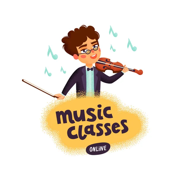 Muziekschool. Violist. Jongen teken spelen viool. Kinderen met muziekinstrumenten. Platte cartoon vectorillustratie met graan textuur op witte achtergrond. — Stockvector