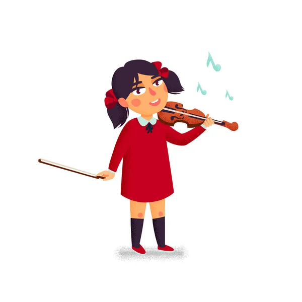 Music school. Violinist. Boy character playing violin. Children with musical instruments. Vector flat cartoon illustration with grain texture on white background. — Stock Vector