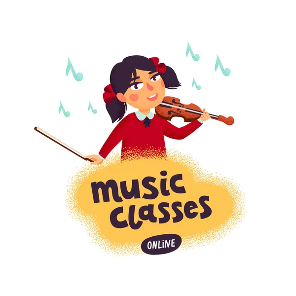 Muziekschool. Violist. Jongen teken spelen viool. Kinderen met muziekinstrumenten. Platte cartoon vectorillustratie met graan textuur op witte achtergrond. — Stockvector