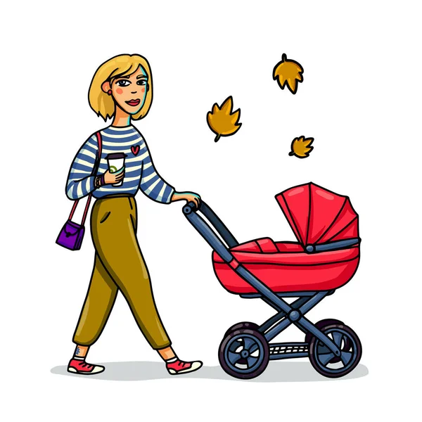 Mother with baby in stroller. Young stylish woman walking with baby carriage. Cartoon style girl walk with baby in autmn. Vector illustration — Stock Vector