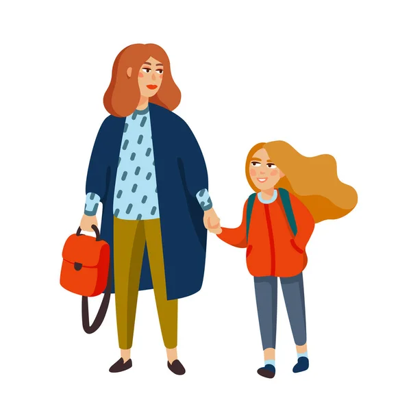 Stylový matka a dcera chodit ze školy. Módní oblečení máma chodí s dívkou. Kreslený styl vektorové ilustrace — Stockový vektor