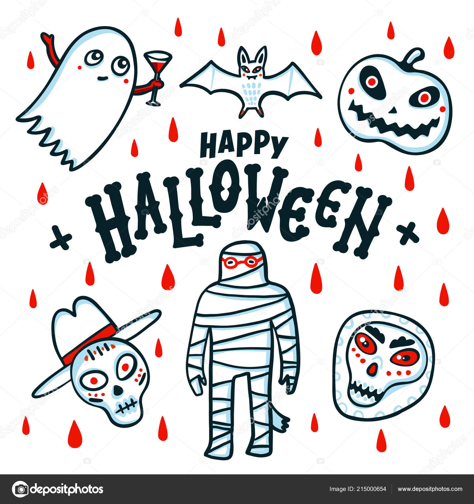 Happy Halloween Card Cartoon Pumpkins Mummy Bat Ghost And