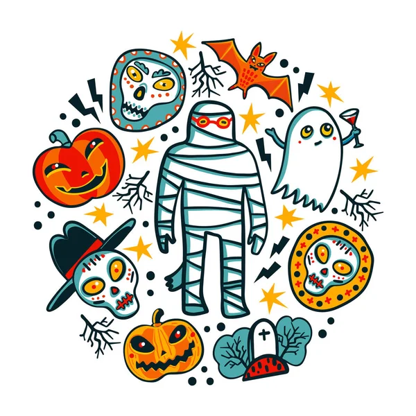 Designelemente zu Halloween. Cartoon-Kürbisse, Mumie, Fledermaus, Geist und Totenköpfe auf weißem Hintergrund. Trick oder Behandlungskonzept. Vektorillustration — Stockvektor