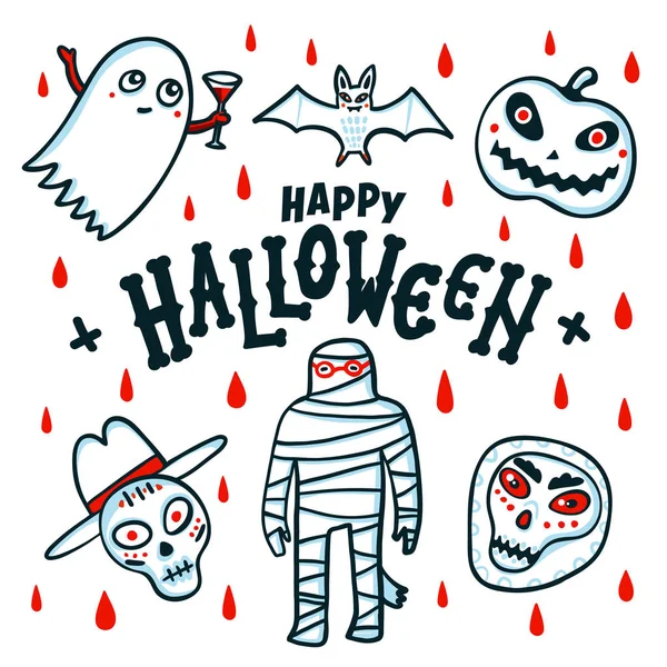 Joyeux Halloween. Caricature citrouilles, momie, chauve-souris, fantôme et crânes sur fond blanc avec des gouttes de sang rouge. Illustration vectorielle — Image vectorielle