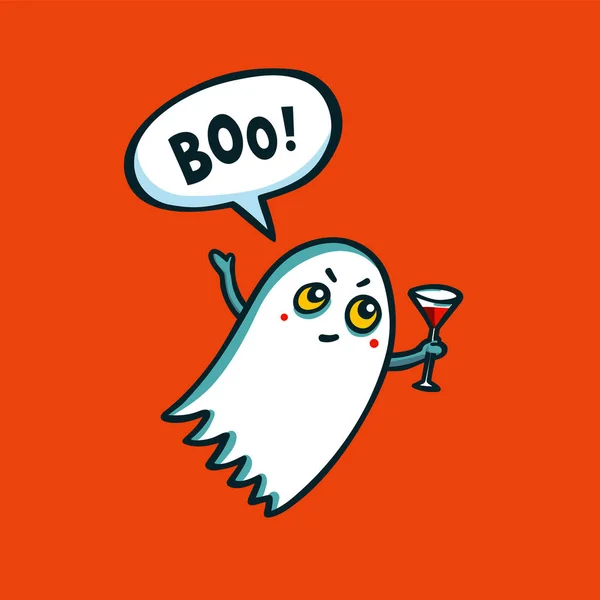 Halloween-Monster. niedlichen Geist mit Cocktail und Buh-Sprechblase auf orangefarbenem Hintergrund. Zeichentrickvektorillustration. — Stockvektor
