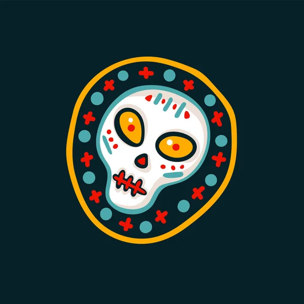 Día de los muertos. Cartel vectorial del Día de los Muertos con cráneo festivo de azúcar sobre fondo oscuro. Dibujos animados vector ilustración — Archivo Imágenes Vectoriales