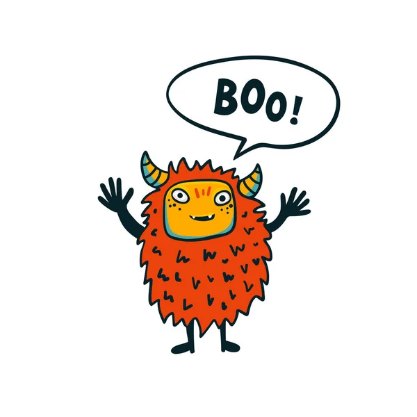 Halloween potwór. Cute puszysty potwór z boo bańka mowy na białym tle. Ilustracja kreskówka wektor. — Wektor stockowy