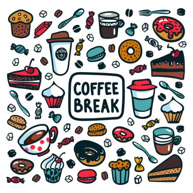 Kahve molası kavramı. Kahve molası zamanı. Renkli doodle tarzı çizgi film kümesi nesneler ve simgeler kahve zaman tema üzerinde. Kahve fincanı ve açık renkli sweets. Vecror illüstrasyon