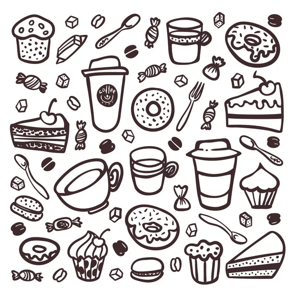 Monokrom kaffe set. Doodle stil uppsättning kaffe servis och söta mellanmål. Exellent för menyn design och café dekoration. samling av kaffe servis och snacks. Tecknad stil vektorillustration — Stock vektor