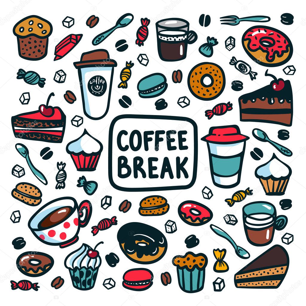 Coffee break concept. Time for a coffee break. Colorful doodle style cartoon set of objects and symbols on coffee time theme. Coffee cups and sweets on light background. Vecror illustration
