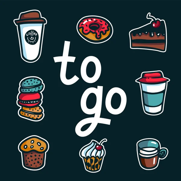 Coffee to go. Poster with lettering To Go and take out coffee cups and sweets on dark background. Exellent for menu design, stickers, apps and take away coffee. Vector Illustration. — Stock Vector