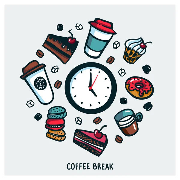 Coffee break concept. Time for a coffee break. Colorful doodle style cartoon set of objects and symbols on coffee time theme. Coffee cups and sweets on light background. Vecror illustration — Stock Vector