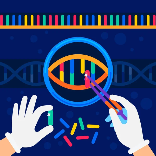 Genom szekvenálása koncepció. Nanotechnológia és biokémiai laboratórium. A kezében egy tudós dolgozik egy DNS helix-, genom- vagy gén szerkezete. Humán genom projekt. Lapos stílusú vektoros illusztráció — Stock Vector