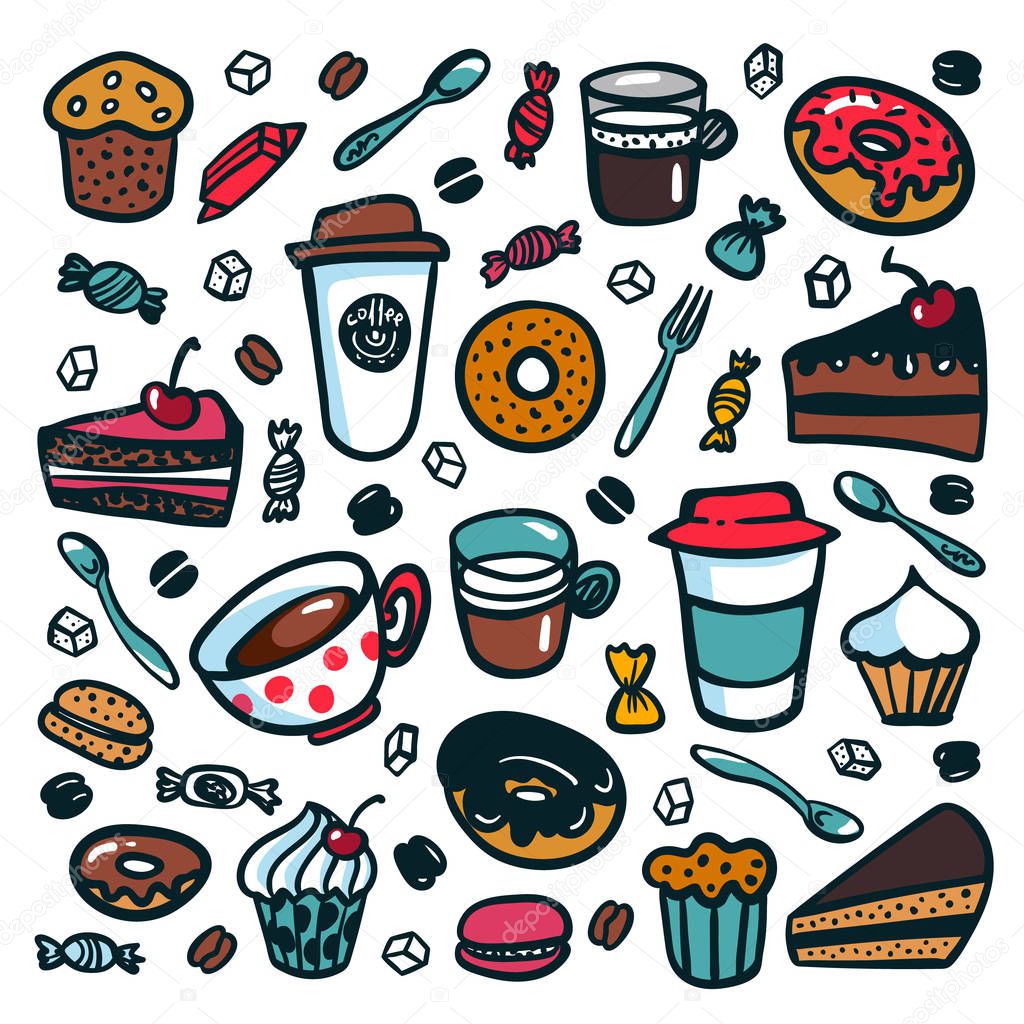 Coffee background. Colorful doodle style cartoon set of objects on coffee theme. Coffee cups and desserts on dark background. Exellent for menu design and cafe decoration. Vector illustration.