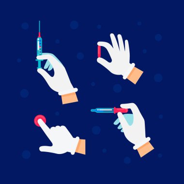 Doktor, Hemşire holding şırınga ve şişeleri, Pedikür aygıtları aşı enjekte etmek için elinde. Ellerini sağlık, klinik, laboratuvar enjeksiyon araçları ile tıp, bilim ve sağlık düz kavramı gösterimi