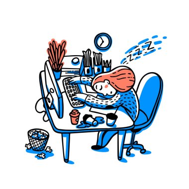 Concept of person overwhelmed by work. Information overload concept. Young woman sleeping on her workplace. Colorful vector illustration in flat cartoon style clipart
