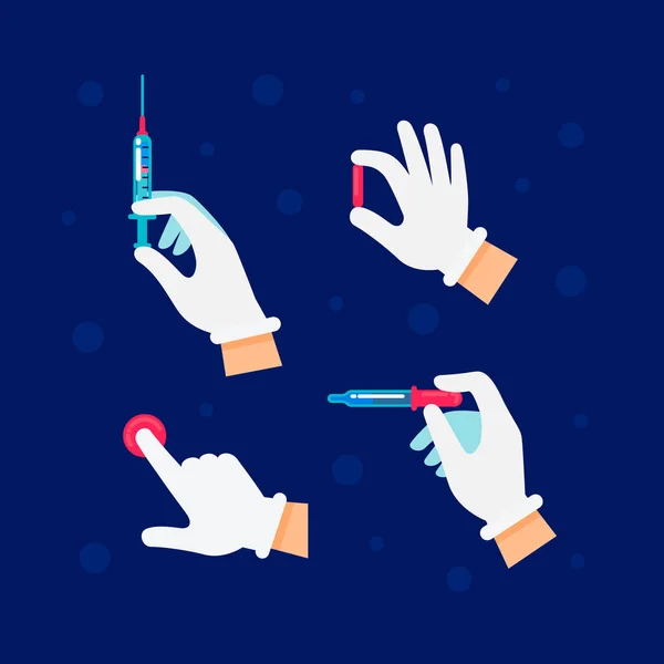 Arts, verpleegster houdt spuiten en flesjes, ampullen in zijn hand te injecteren vaccin. Geneeskunde, wetenschap en gezondheidszorg platte concept illustratie van handen met medische, kliniek, laboratorium injectie tools — Stockvector