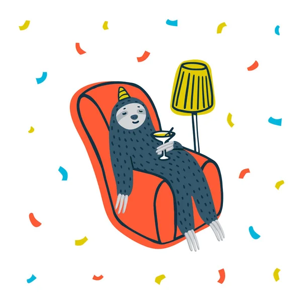 Вечеринка животных. Ленивая ленивая вечеринка. Милый ленивец пьет коктейль в уютном кресле. Векторная иллюстрация . — стоковый вектор