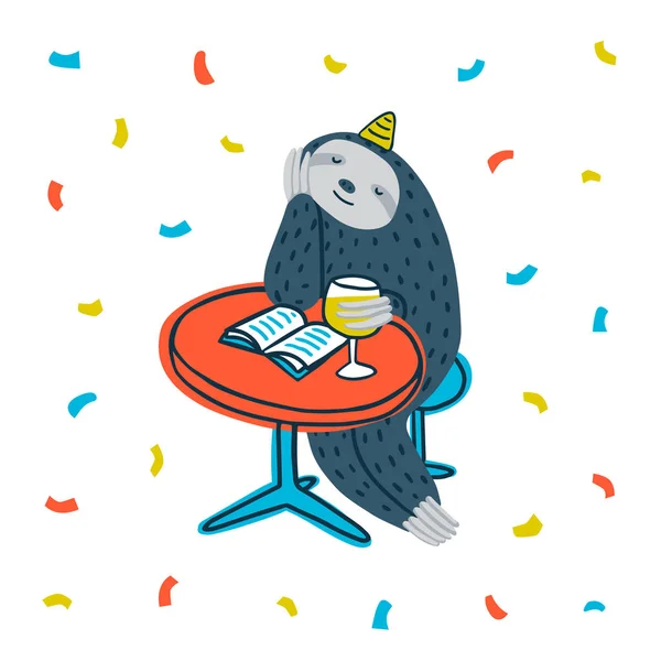 Festa animal. Festa preguiçosa. Preguiça bonito sentado em uma mesa com livro e vinho. Ilustração vetorial . —  Vetores de Stock