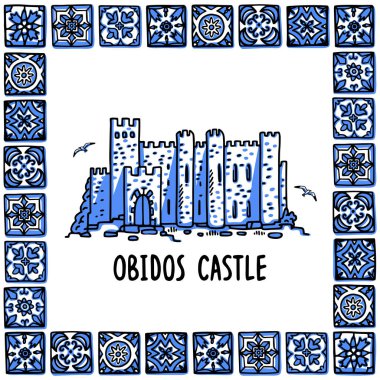 Portekiz yerler ayarla. Obidos castle. Portekizce döşeme, azulejo bir çerçevede eski kale manzara. Handdrawn stil vektör çizim kroki. Exellent hatıralık ürünleri, mıknatıslar, afiş için
