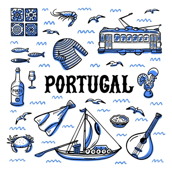 Portugal puntos de referencia establecidos. Dibujo dibujado a mano estilo vector ilustración — Archivo Imágenes Vectoriales