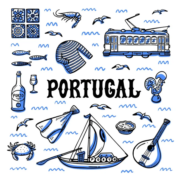 Portugal repères fixés. Illustration vectorielle de style croquis à la main — Image vectorielle