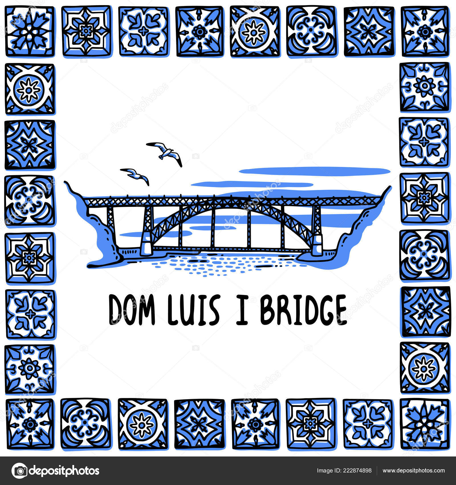 Portugal marcos definidos. Ponte Dom Luis I, Porto. Paisagem da famosa  ponte em um quadro de azulejos portugueses, azulejo. Desenho desenhado à  mão ilustração vetorial estilo. Exelente para produtos de lembrança Vetor, image size:1600x1700