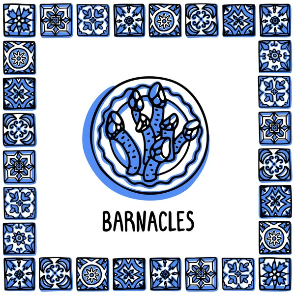 Португалия задала вехи. Goose Barnacles, Percebes традиционные деликатесы морепродуктов. Тарелка с ракушками в раме из португальской плитки. Векторная иллюстрация стиля эскиза, для сувениров, магнитов, открыток — стоковый вектор