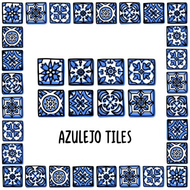 Portekiz yerler ayarla. Portekizce fayans, azulejo. Lizbon mozaik çerçevesinde Portekizce döşeme, azulejo. Handdrawn stil vektör çizim kroki. Exellent Hatıra Eşyası, mıknatıslar, posta kartları için
