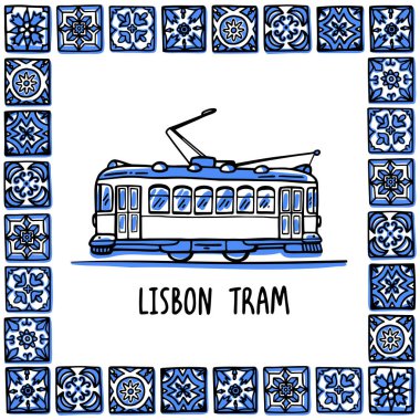 Portekiz yerler ayarla. Lizbon retro tramvay. Geleneksel tramvay çerçevesinde Portekizce döşeme, azulejo. Handdrawn stil vektör çizim kroki. Exellent Hatıra Eşyası, mıknatıslar, afiş, posta kartları için