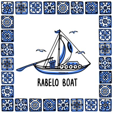 Portekiz yerler ayarla. Rabelo tekne, şarap tekne. Portekizce döşeme, azulejo çerçevesindeki geleneksel porto tekne. Handdrawn stil vektör çizim kroki. Exellent Hatıra Eşyası, mıknatıslar, posta kartları için