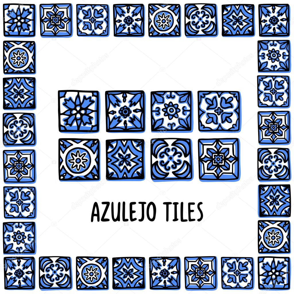 Portugal landmarks set. Portuguese tiles, azulejo. Lisbon mosaic in frame of Portuguese tiles, azulejo. Handdrawn sketch style vector illustration. Exellent for souvenirs, magnets, post cards
