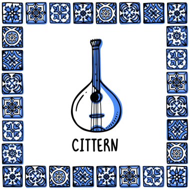 Portekiz yerler ayarla. Portekizli fado gitar, cittern. Portekizce döşeme, azulejo çerçevesinde guiter. Handdrawn stil vektör çizim kroki. Exellent Hatıra Eşyası, mıknatıslar, afiş, posta kartları için