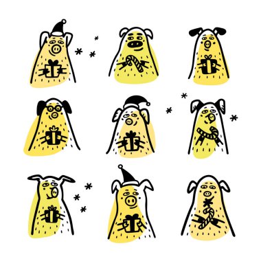 Domuz küme. Baston şekerler, hediyeler ve santa şapkalar komik domuzlarla. 2019 Çin yeni yılı sembolleri. Tebrik kartları, baskı, simge, etiket için stil karakter doodle. Vektör çizim