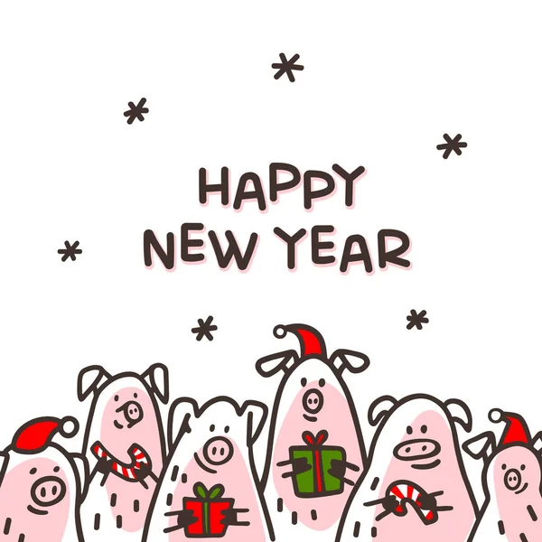 Mutlu yeni yıl domuz tebrik kartı. Baston şekerler, hediyeler ve santa şapkalar komik domuzlarla. 2019 Çin yeni yılı sembolü. Tebrik kartları, baskı, simge, etiket için stil karakter doodle. Vektör çizim — Stok Vektör