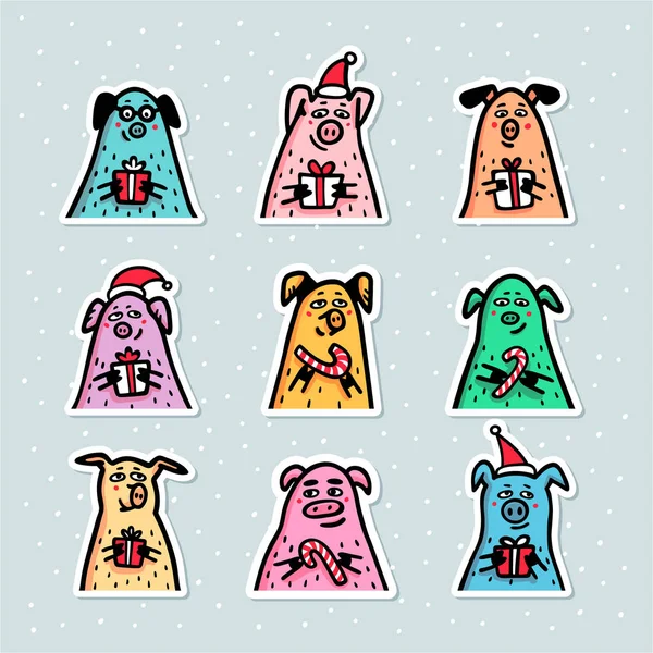 Pig stickers set. Funny pigs with candy canes, gifts and santa hats. 2019 Chinese New Year symbols. Doodle style characters for greeting cards, print, icon, sticker. Vector illustration. — Stock Vector