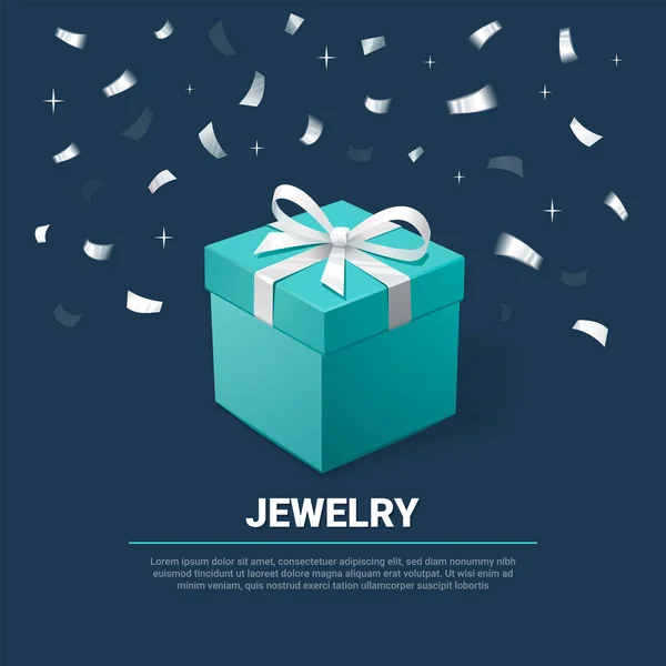 Coffret cadeau et Confettis argent. Boîte à bijoux turquoise sur fond sombre. Modèle pour les magasins de cosmétiques et de bijoux. Contexte de Noël. Illustration vectorielle — Image vectorielle