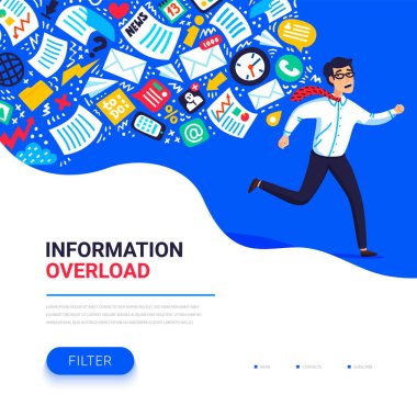 Information overload concept. Young man running away from information stream pursuing him. Concept of person overwhelmed by information. Colorful vector illustration in flat style. clipart