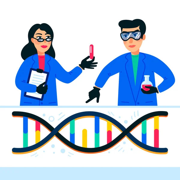 Genoom sequencing concept. Wetenschappers werken in nanotechnologie of biochemie laboratorium. Molecuul helix dna-, genoom- of gene structuur. Menselijk genoomproject. Vlakke stijl vectorillustratie — Stockvector