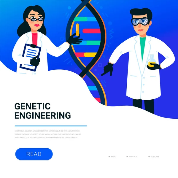 Genetické inženýrství koncept. Vědci pracující v laboratoři nanotechnologie nebo biochemie. Molekula šroubovice dna, genomu nebo genové struktury. Projekt lidského genomu. Plochý vektorové ilustrace — Stockový vektor