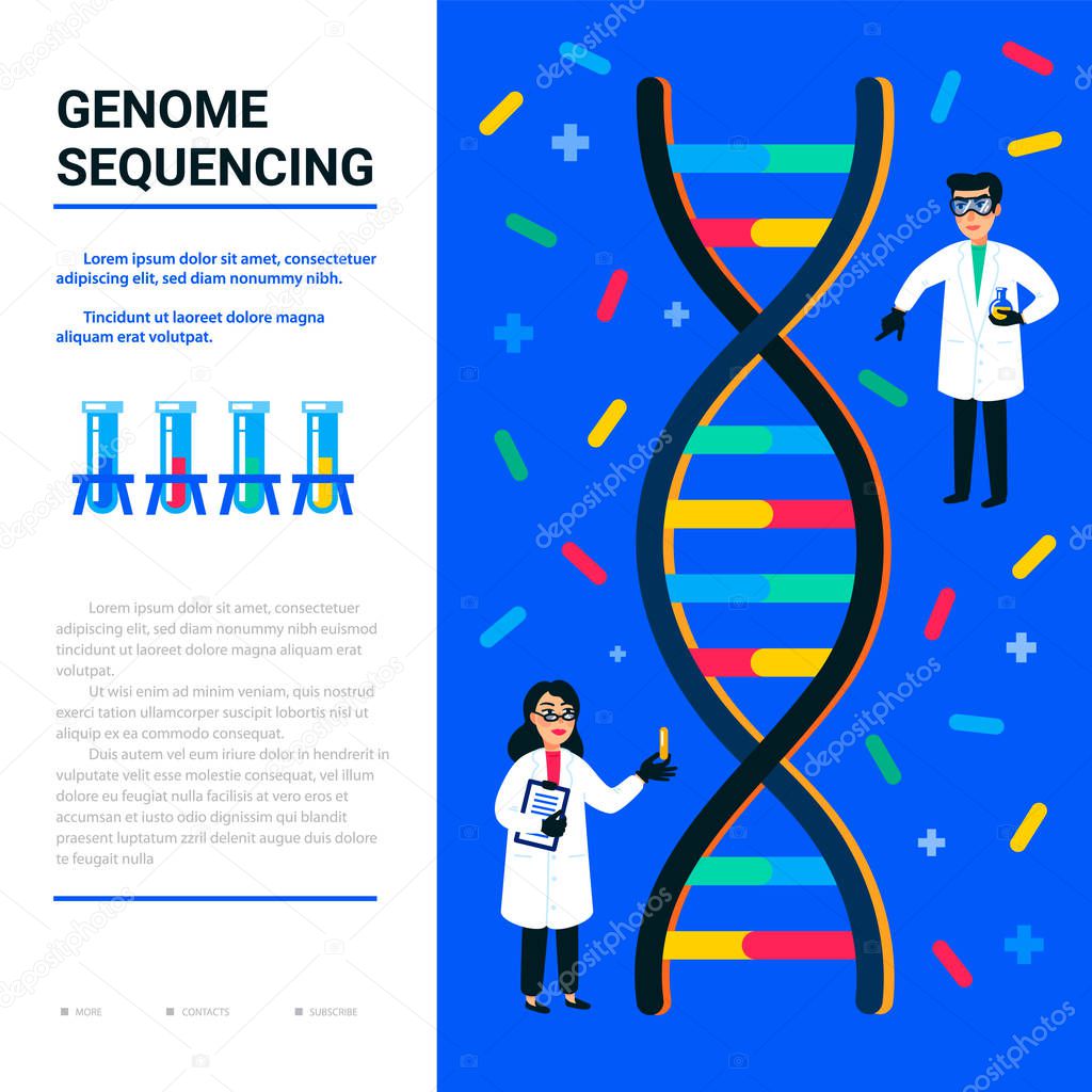 Genome sequencing concept. Small Scientists and helix of dna, genome or gene structure. Usable for web banner, articles, infographics. Human genome project. Flat style vector illustration