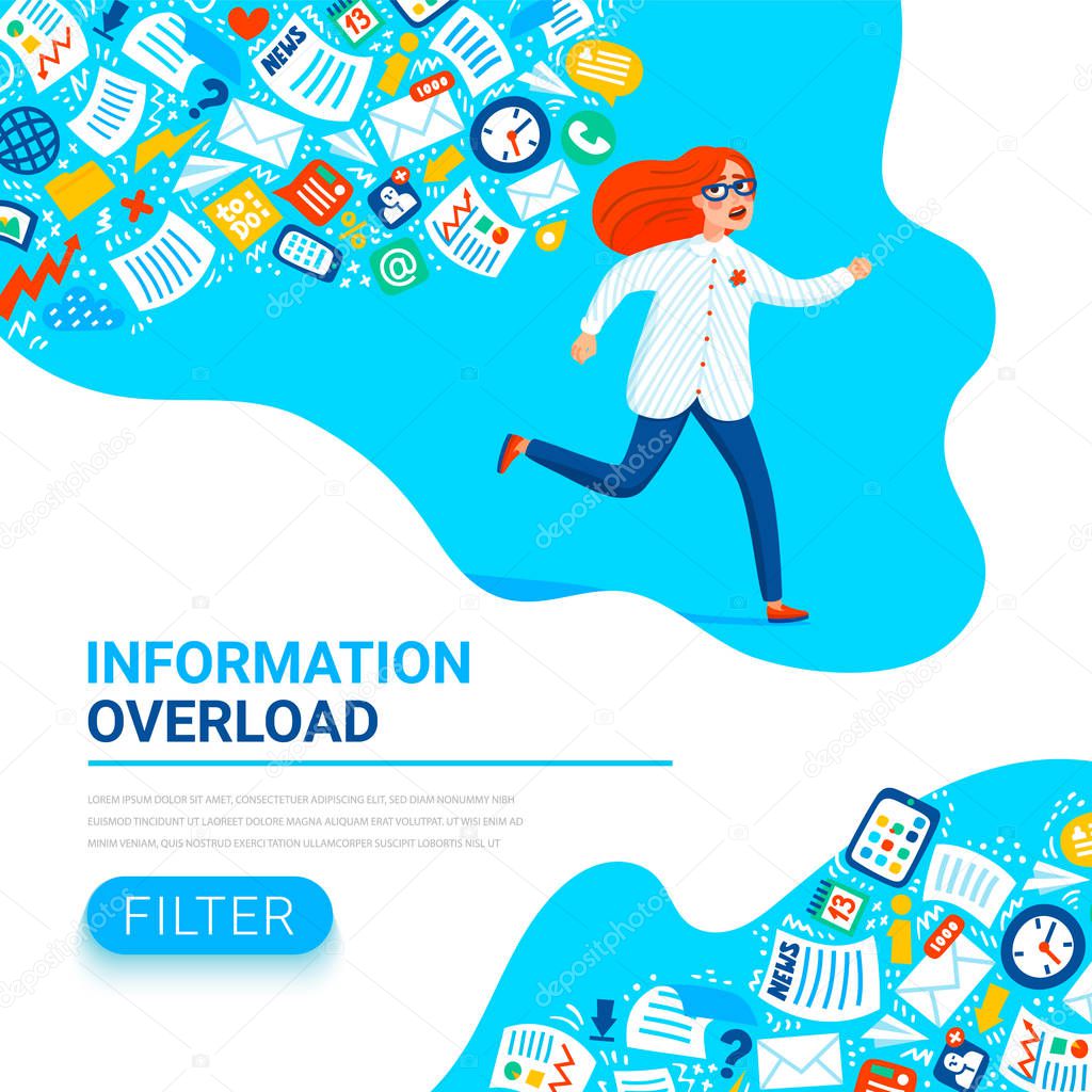 Information overload concept. Young women running away from information stream pursuing her. Usable for web banner, articles, infographics. Colorful vector illustration in flat style.